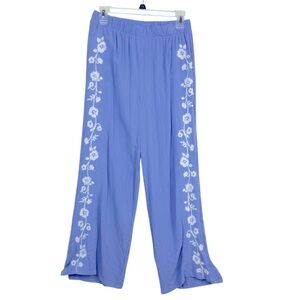 Rare Editions Blue Wide Leg Pants with White Floral Design Size 14